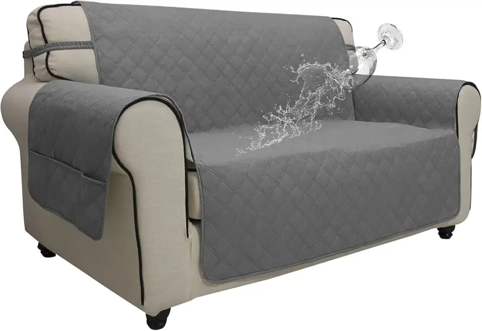 Easy-Going Sofa Slipcover Loveseat Cover Waterproof Couch Cover Washable Sofa Cover for 2 Cushion Couch Non-Slip Fabric Furniture Protector with Pocket for Pets Kids Dog Cat (Loveseat, Grey, Medium)