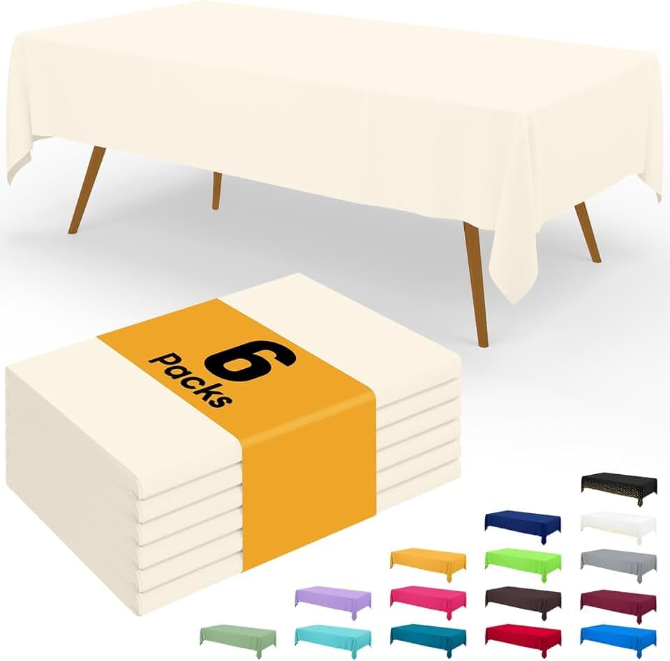 Smiry Disposable Table Cloth - 6 Pack, 54 x 108 Inch Waterproof Rectangle Tablecloths for Parties, Decorative Plastic Table Cover, Leakproof & Sturdy, Beige