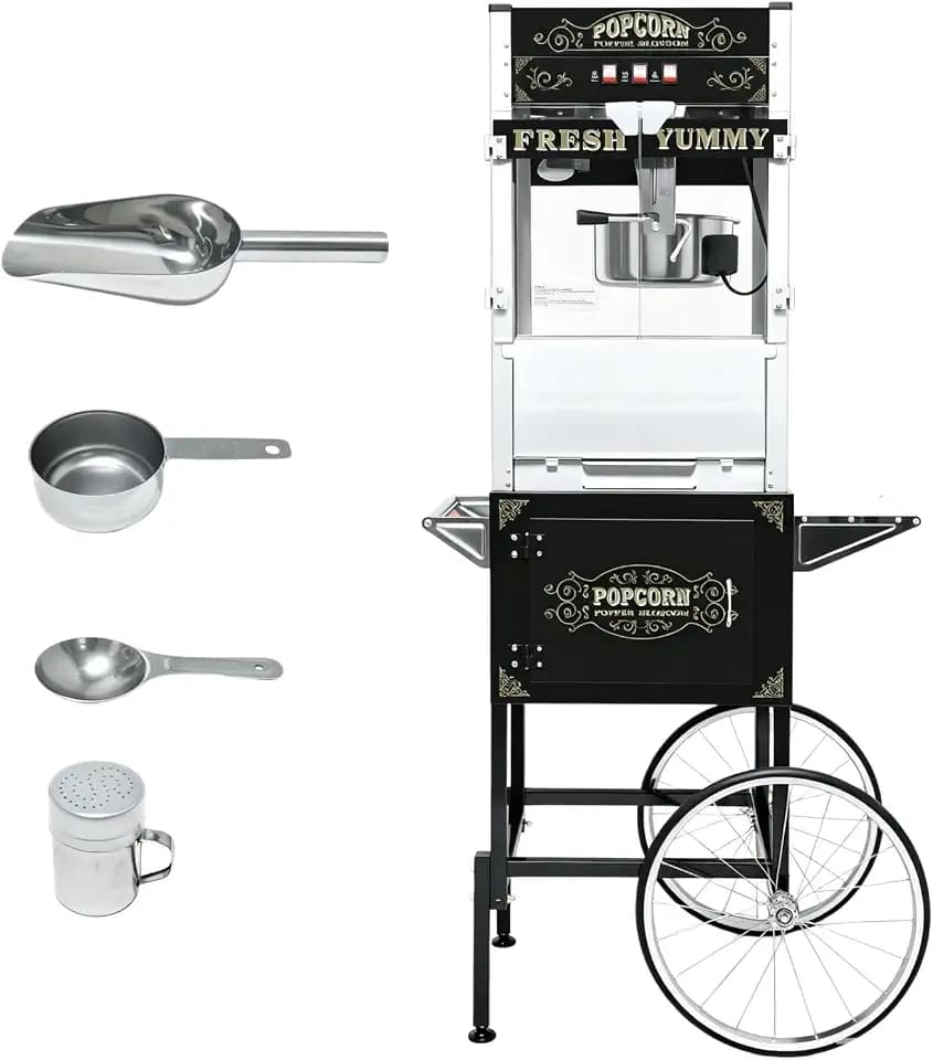 Popcorn Machine with Cart, 20 Oz Kettle, Vintage Popcorn Maker with Storage Cabinet Scoop, Oil Spoon & 3-Switch Control, Movie Theater Style Popper for Commercial Home, Black