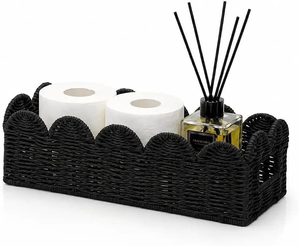 Black Scalloped Basket, Toilet Tank Tray, Back of Toilet