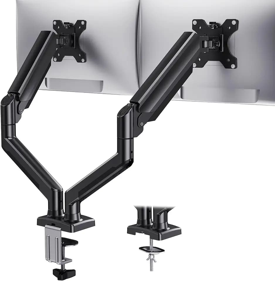 HUANUO Monitorhalterung für 2 Monitore, Stabile & Ergonomische Dual Monitor Arm bis 32 Zoll, Höhenverstellbar, Neig- & Drehbar, VESA 75/100, bis 10 kg pro Arm