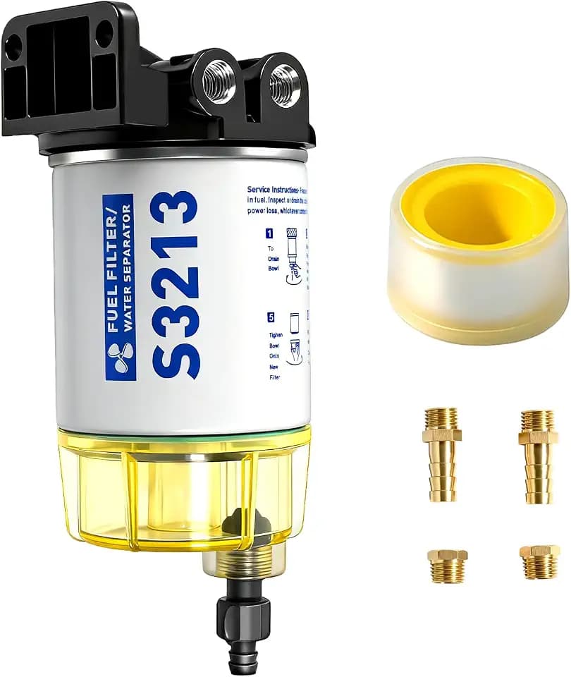Fuel Filter Particles and Water Separator S3213 for Outboard Motor with 3/8" Barb x 1/4" NPT Brass Fittings Compatible with Mercury/Yamaha/Racor Engine Boat Replaces#S3214, 18-17928, 35-809097