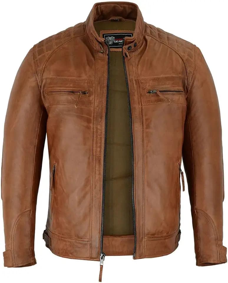 Vance Leather' Men's Cafe Racer Waxed Lambskin Austin Brown Motorcycle Leather Jacket