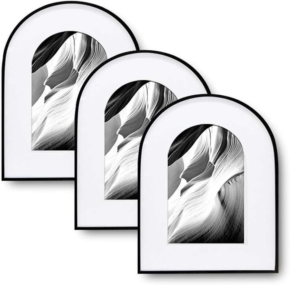 3 Pack Elegant Aluminum Arch Picture Frames - Wall Mount & Tabletop Display, Includes Non-Removable Mat for Enhanced Display - Perfect for Home Decor & Memories, Great Gift Choice (Black, 8x10)