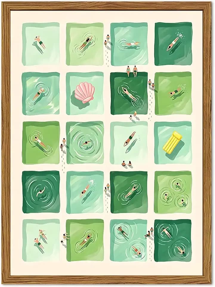 Framed Green Swimming Pool Wall Art, Mid Century Modern Summer Tiny Swimmers Pictures Wall Decor, Minimalist Coastal Paintings Canvas Prints Beachy Home Decor for Living Room Bathroom 16x24 inch
