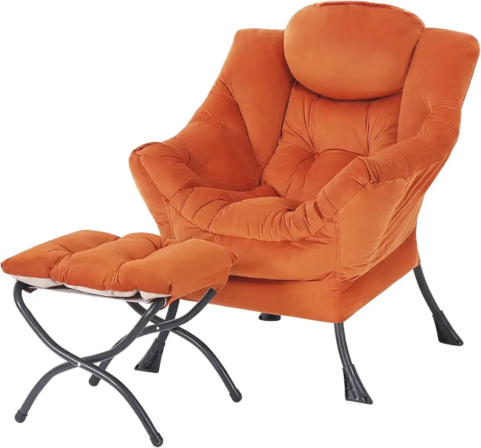 Modern Lazy Chair with Ottoman, Comfy Accent Reading Chair, Velvet Orange