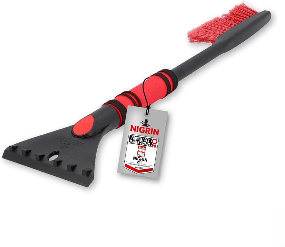 NIGRIN Eiskratzer Auto mit Schneebesen, ergonomischer rutschfester Softgriff, aus hochstabilem ABS, Schwarz-Rot