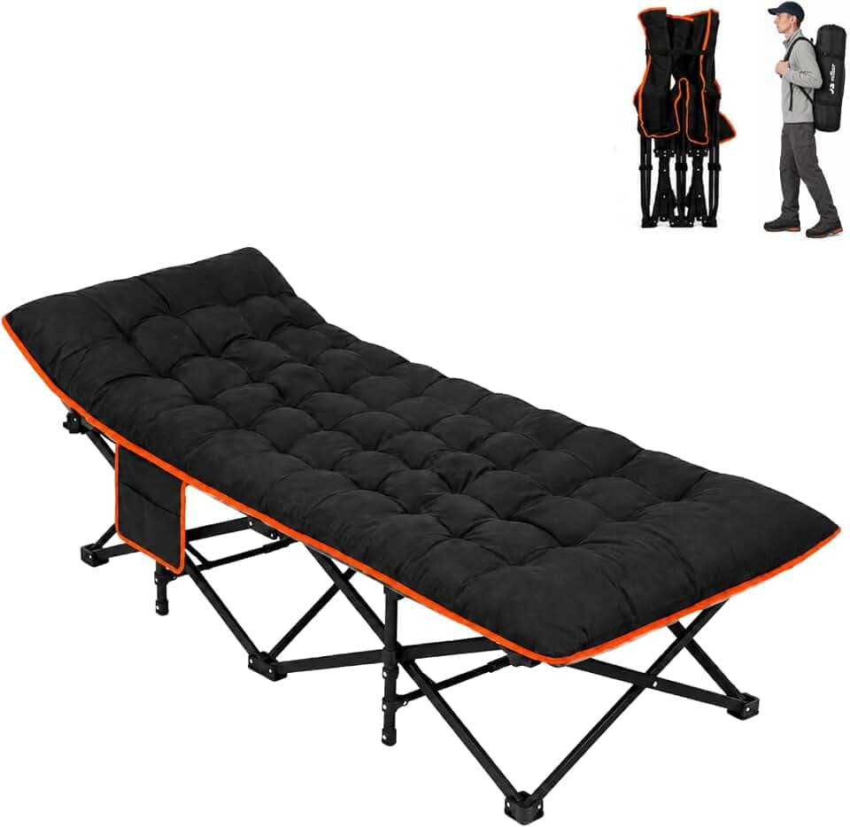 Redeer Camping Cot with Mattress 900LB, Heavy Duty Cots for Adults 75"x28" 1200D Oxford Folding Cot, Pad Bed for Camping, Home, Hospital Care, Office, Beach, Pool, Hiking, Carry Bag(Black)
