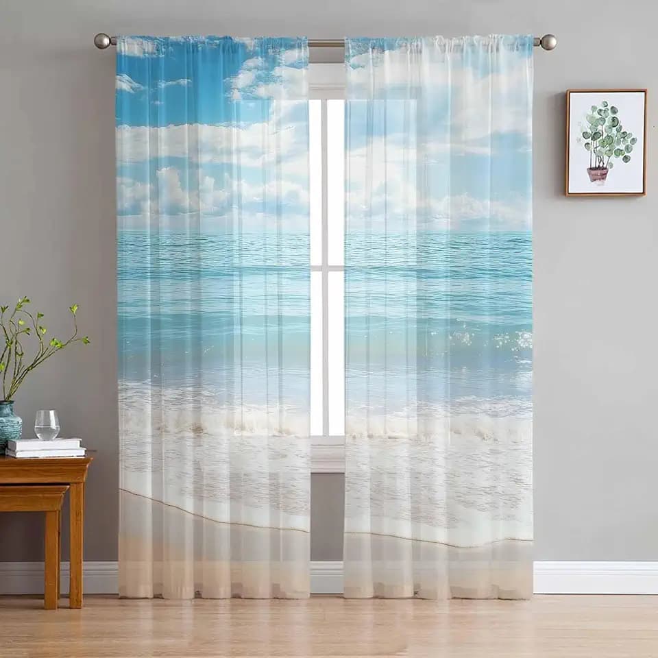 Ocean Beach Theme Sheer Curtains 84 Inch Length 2 Panels Set for Living Room/Bedroom, Tropical Sea Sky View Beach House Theme Semi Curtain Sheers Drapes Rod Pocket Curtains Window Treatment Set