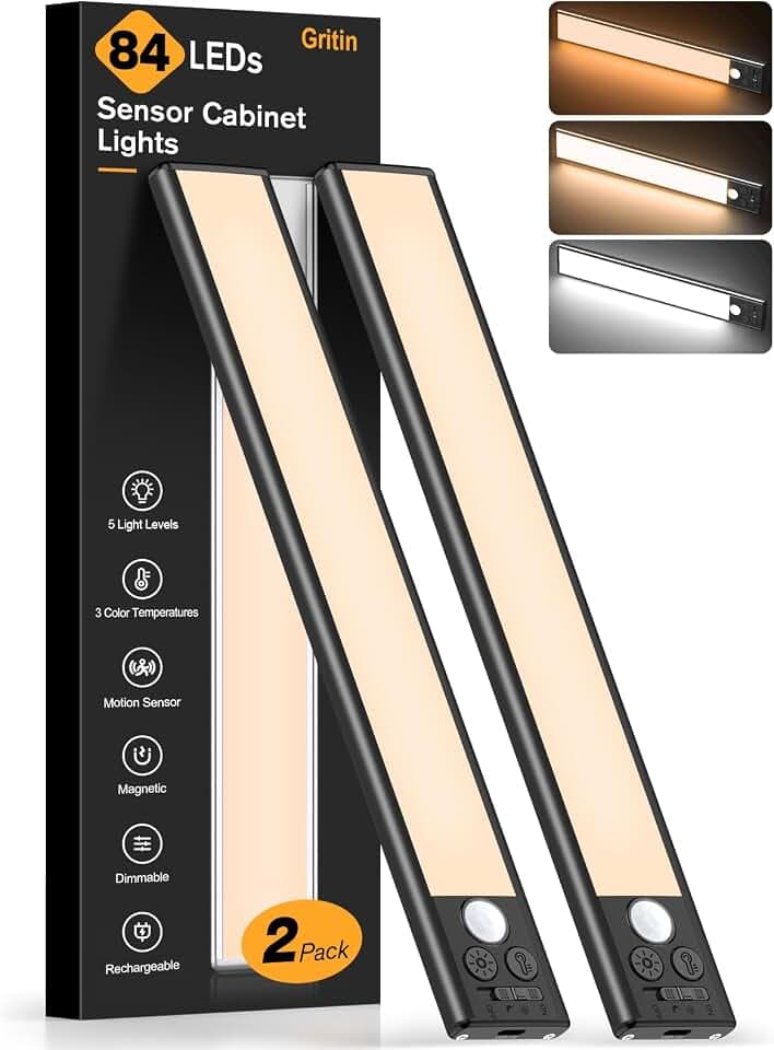 Gritin 10.2inch Under Cabinet Lighting Rechargeable 2 Pack