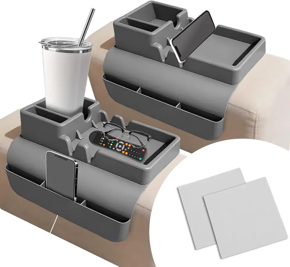 2 PCS Couch Cup Holder Tray, Sofa Armrest Tray with Side Pockets