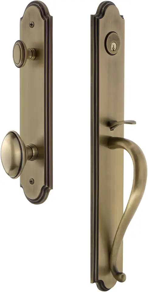 Grandeur 848563 Hardware Arc One-Piece Handleset with S Grip and Eden Prairie Knob, Dummy Entry Set, Vintage Brass