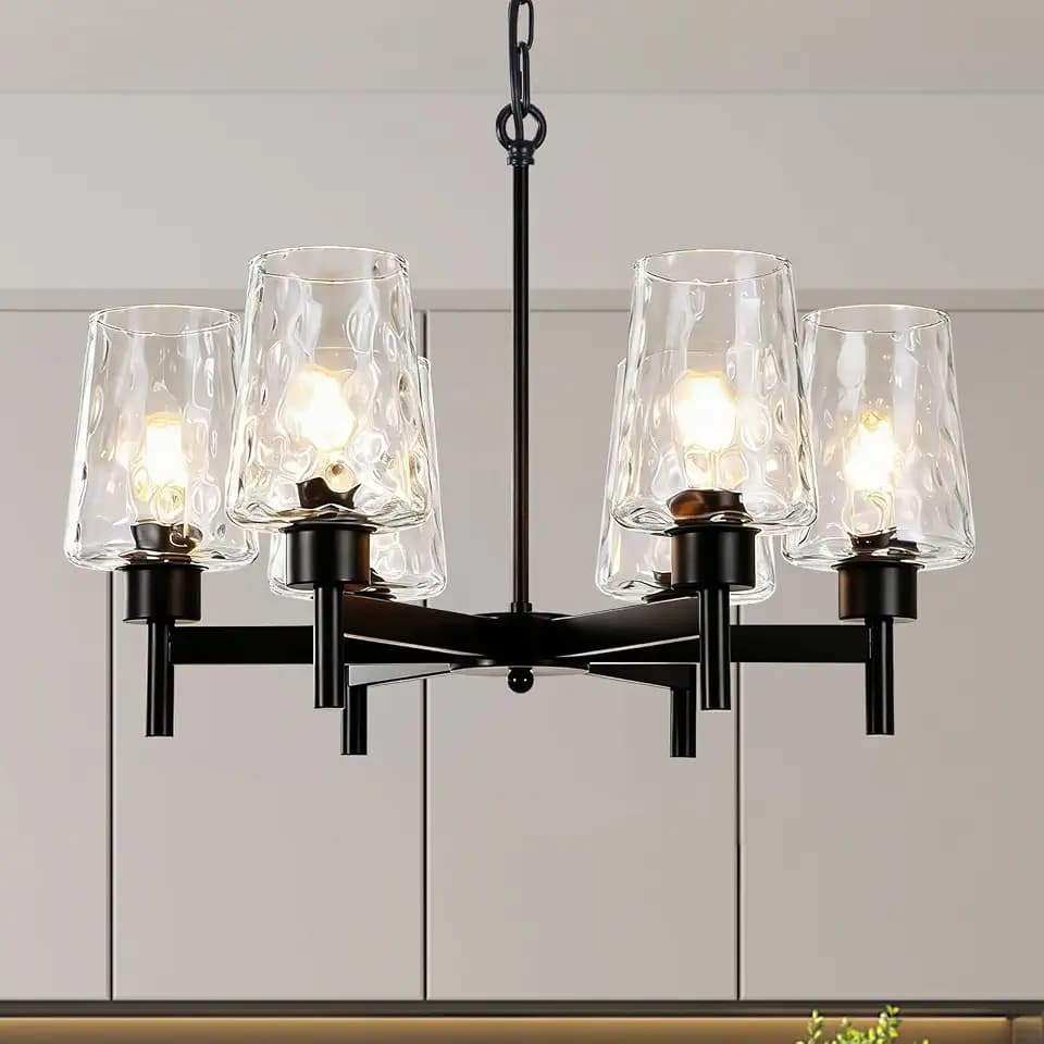 6-Light Black Chandelier, Light Fixture with Hammered Glass Shade