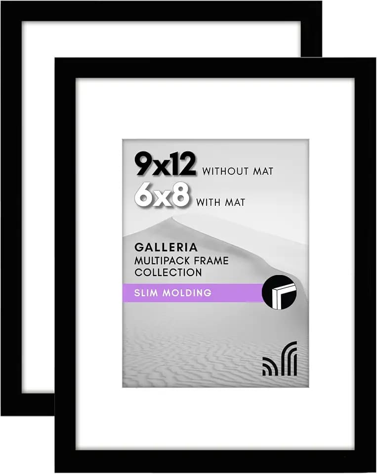 Americanflat 9x12 Picture Frame 2-Pack - Matted to 6x8 - Black