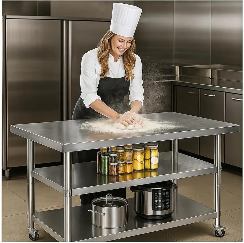 Stainless Steel Table with Wheels for Food Preparation and Work, Multi-Size Optional, Three-Layer Variable Two-Layer Metal Commercial Workbench Outdoor, Restaurant, Kitchen (48" Lx32 Wx34 H)
