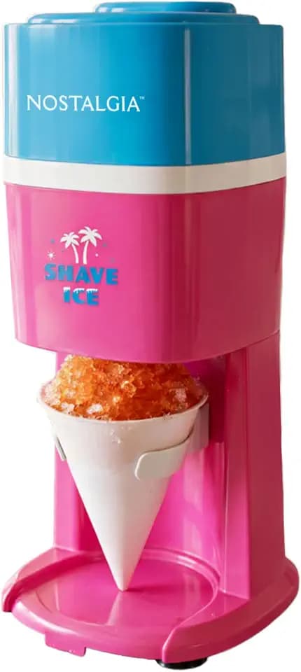 Nostalgia Shave Ice and Snow Cone Machine, Multi-Use Ice Shaver for Frozen Treats, Slushies, Snow Cones, and More – Reusable Cup and Ice Mold, Stainless Steel Blades – Pink