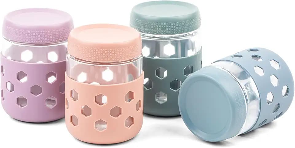 MICEBAY 16oz Overnight Oats Containers with Silicone Sleeves, 4-Pack Wide Mouth Glass Mason Salad Jars with Airtight Lids, BPA-Free Dishwasher Safe Leak-Proof Chia Seed Pudding Jar Meal Prep Container
