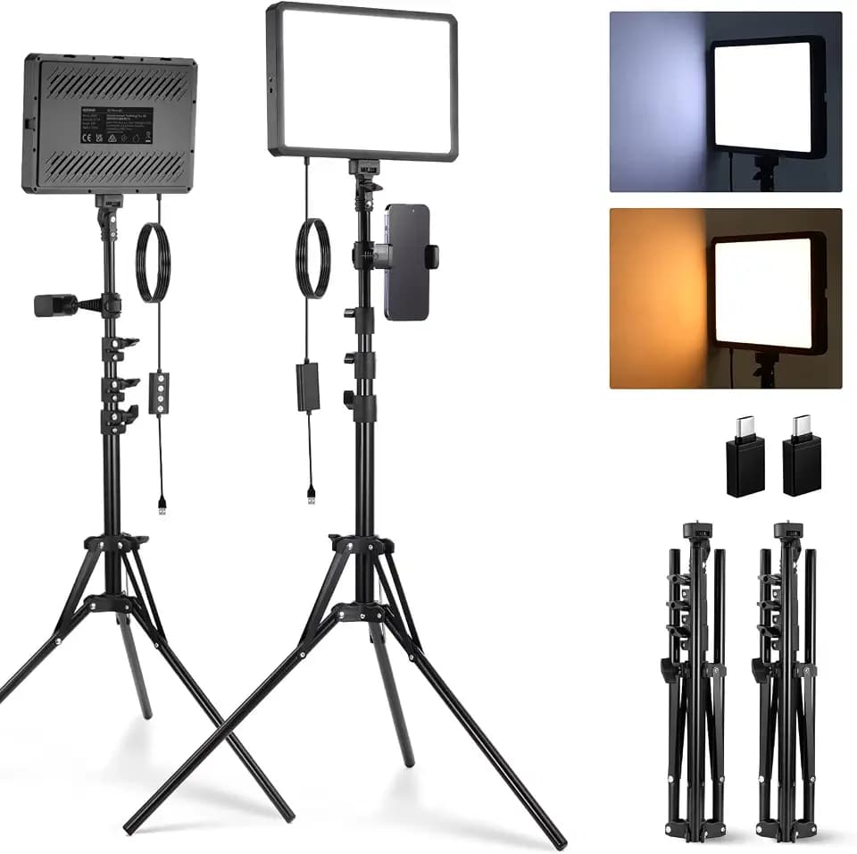 NEEWER Basics 2 Pack LED Video Light Panel mit 59''/150cm Stativständer & Telefonhalter, 2700 6500K 850Lux Bi Color Dimmbare Studiobeleuchtung für Fotografie Filmen Aufnahme Live Streaming, BP300