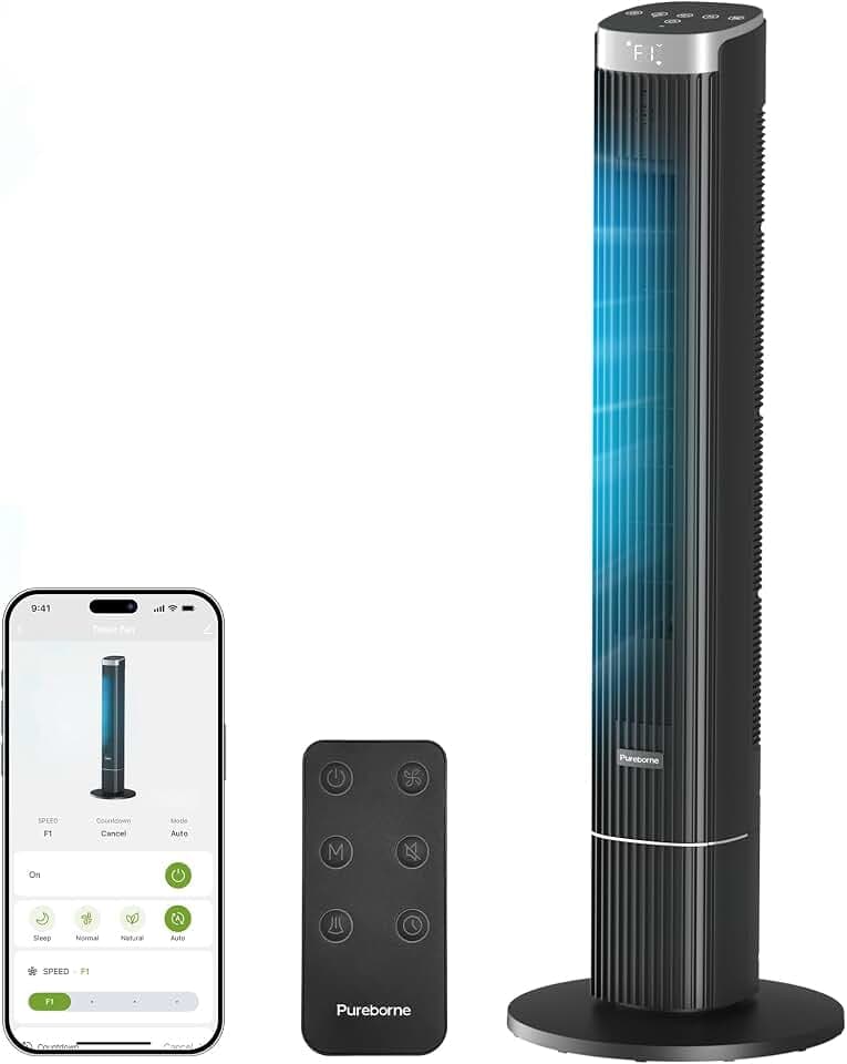42” Tower Fan for Home Bedroom, WiFi, 25dB Ultra-Quiet, Black