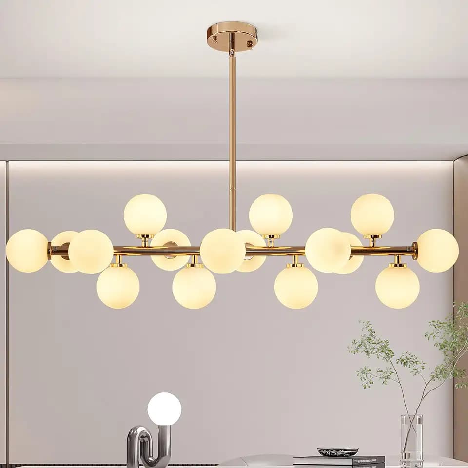 Grey Linear Chandelier, Modern Sputnik Ceiling Fixture with Adjustable Height & Dimmable Glass Shades for Dining Room, Office, Mid-Century Design