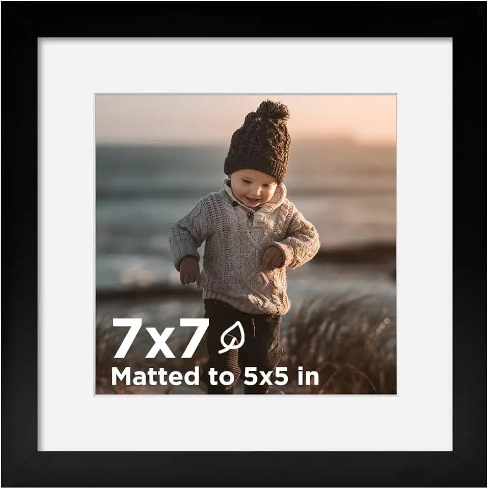 KINLINK 7x7 Picture Frame Black, Wooden Square Photo Frame Matted 5x5 with Plexiglass for 5x5 with Mat or 7x7 without Mat for Table and Wall Display