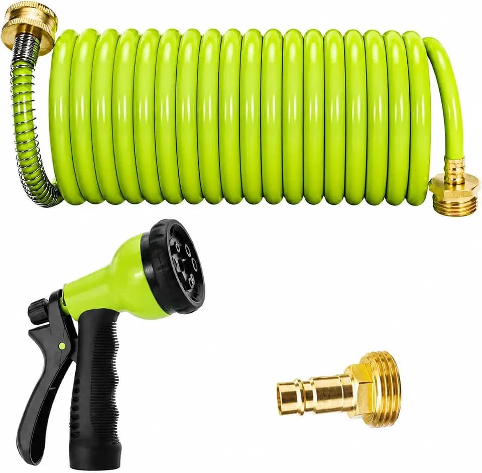 RV External Shower, 3/8 in by 15-Foot Coil Hose with 1/2 Inch Quick Connect Adapter for RV Outdoor Shower, Boat Hose Coil, 3/4 Inch Fittings (Green With Sprayer)