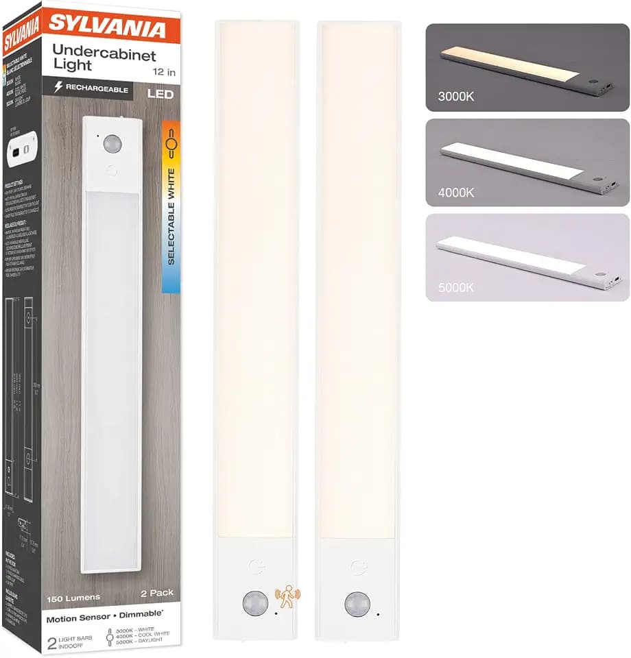 SYLVANIA 12" Under Cabinet Lighting with 2200mAh Rechargeable Battery, LED Motion Sensor, 3 Color Selectable (3000K-5000K), Closet Light/Undercounter Kitchen Light, Magnetic, Dimmable - 2 Pack (66513)