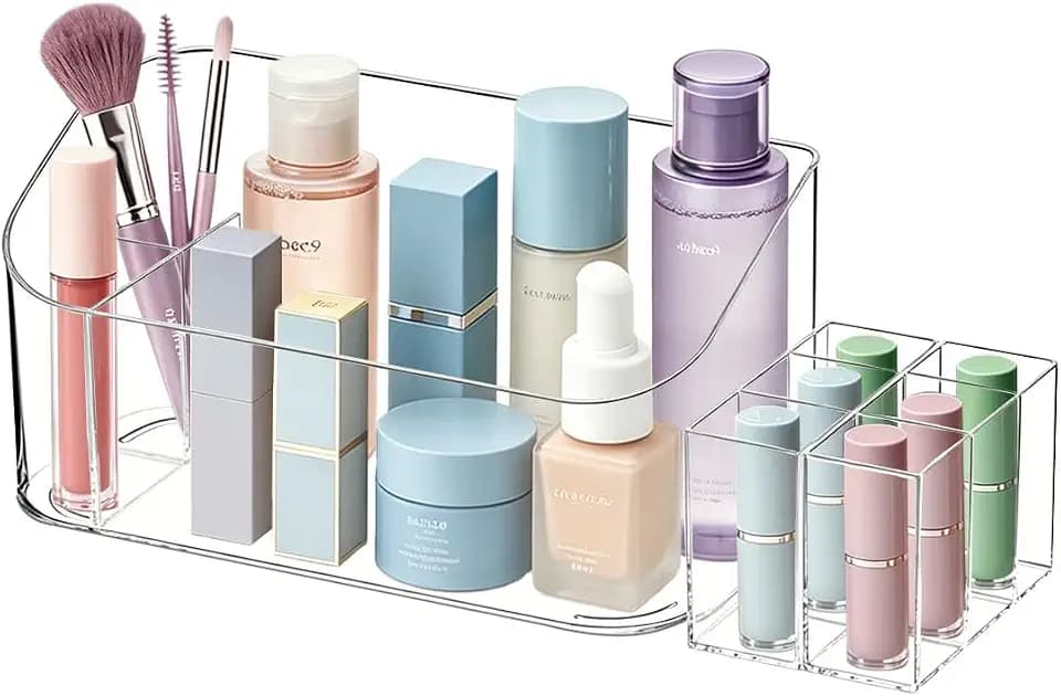 Makeup Tray Holder Organizer Cosmetic Display Case Tabletop Desktop Vanity Countertop Bathroom Wall Cabinet Medicine Storage Box 9 Dividers 2 Removable Women Ladies Girls Gifts Crystal Clear 1 PACK