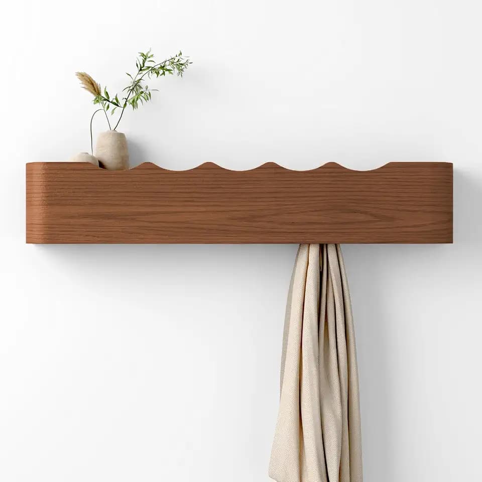 Coat Rack Wall Mount with Hidden Hooks, Wall Hooks with Shelf, Wall Key Holder Mount Wooden Shelf Entryway Hooks for Bedroom Bathroom for Hanging Coats Hats Bags Towels (Walnut Wave-Shape, 5 Hooks)