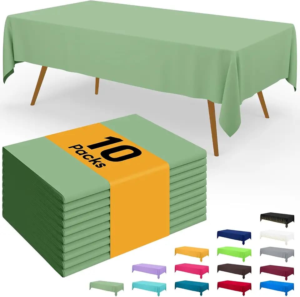 Smiry Disposable Table Cloth - 10 Pack, 54 x 108 Inch Waterproof Rectangle Tablecloths for Parties, Decorative Plastic Table Cover, Leakproof & Sturdy, Sage Green
