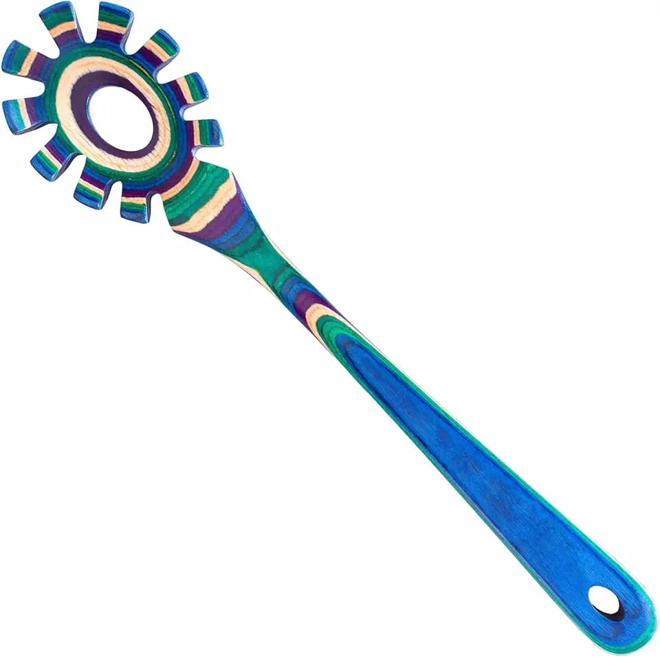 Baltique Mumbai Collection Wooden Spaghetti Spoon – 12.5" Pasta Server with Teeth, Colorful Birch Wood Utensil for Portioning, Stirring & Serving Noodles
