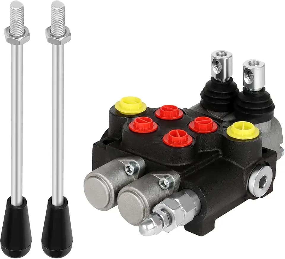Hydraulic Flow Control Valve, 2 Spool 13 GPM G Ports Adjustable Relief Lever Handle Double Acting Parallel Center Tractor Loader W/Joystick Small Tractors/Tanks Loaders Log Splitters 3600 PSI