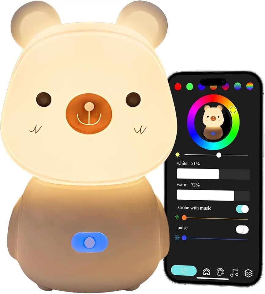 wapentake Bear Night Light for Kids,Baby Night Lights with 16 Soothing Sounds & Recording Feature,Bluetooth Speaker Night Light for Bedroom,App Remote Control,Personal Sleep Routine Alarm Clock