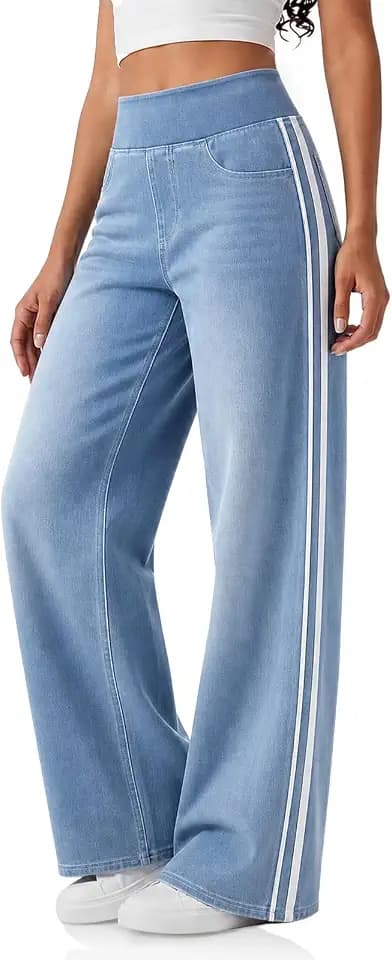 Cicy Bell Womens Pull On Jeans Wide Leg Stretchy Side Striped Denim Pants