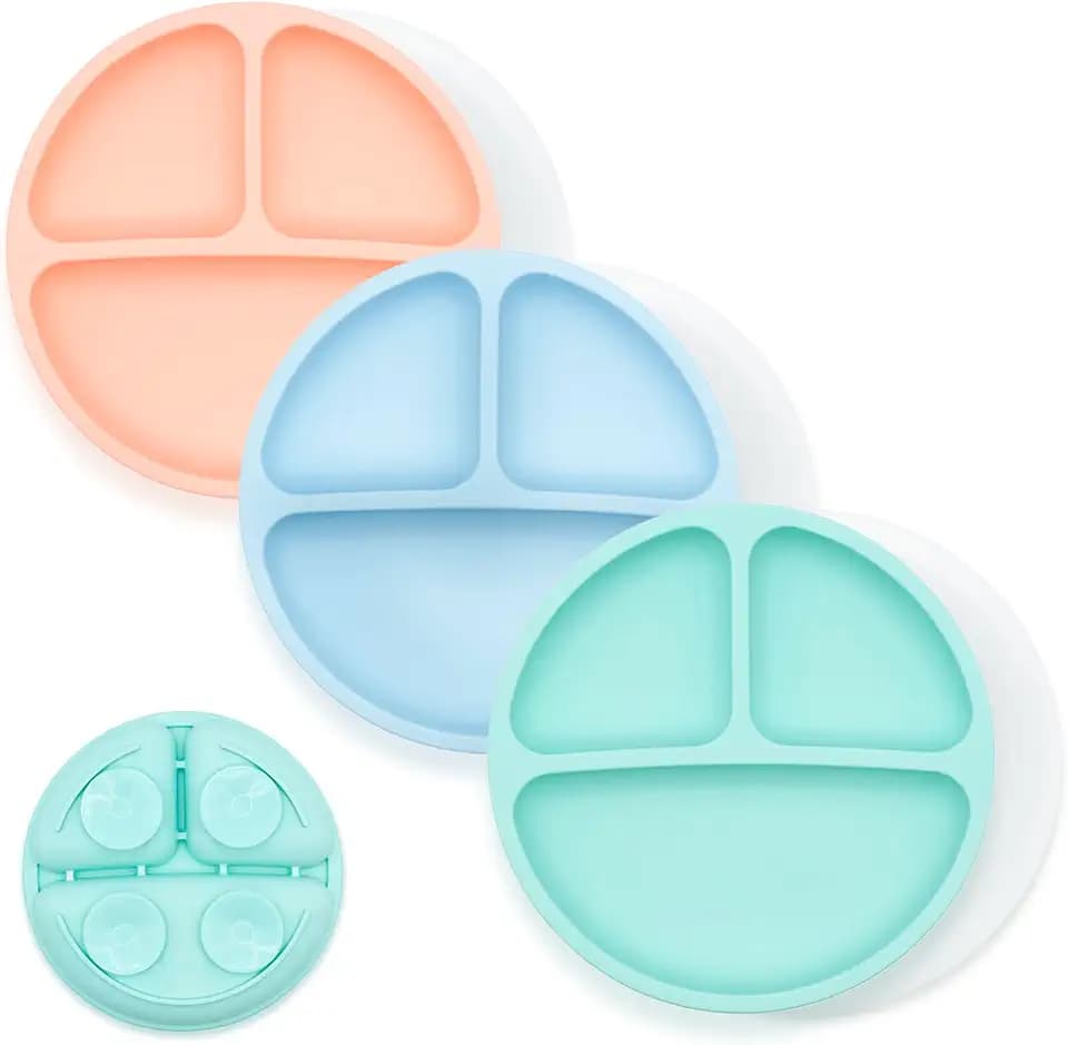 WeeSprout Suction Plates for Babies With Lids & Toddlers - 100% Silicone, Dinnerware Stays Put, Divided Design for Picky Eaters, Microwave & Dishwasher Friendly, 3 Pack