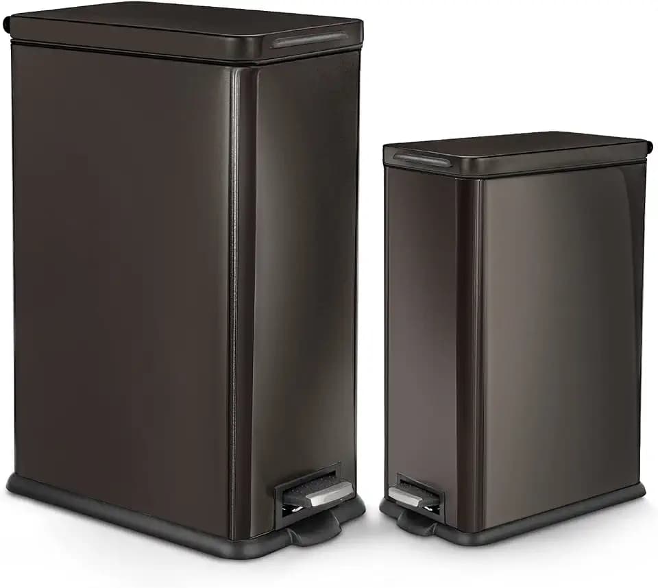 Home Zone Living 8 Gallon and 3 Gallon Slim Black Stainless Steel Trash Can Combo Set with Soft-Close Lid and Bag Tuck Design