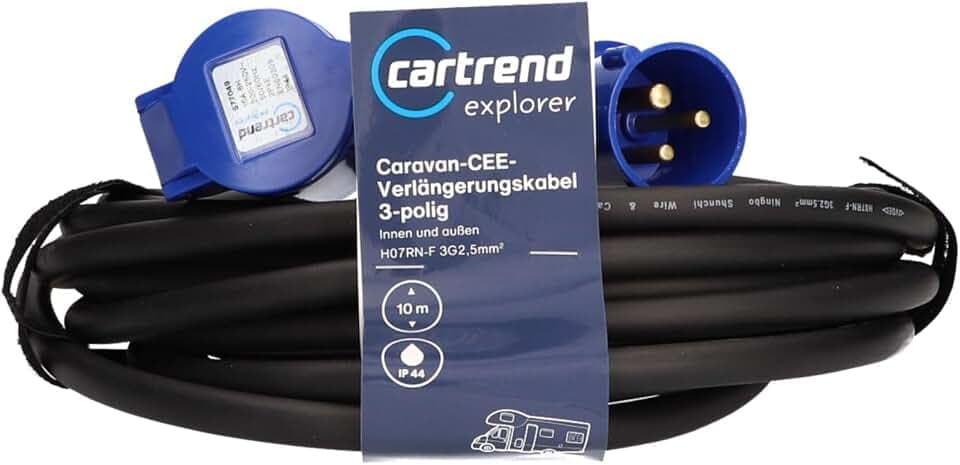 cartrend Explorer CEE Verlängerungskabel mit 3-poligem CEE-Stecker mit Klappdeckel, Verlängerungsleitung für Nutzung beim Camping und Outdoorbereich, Öl-, UV- und ozonbeständig, IP44, 10m, schwarz