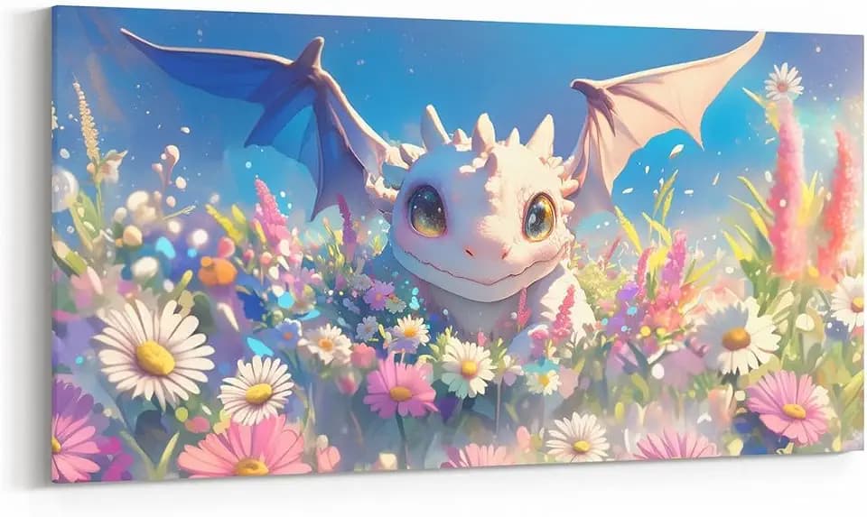 Manfei Cute Dragon Canvas Wall Art Watercolor Flower Wall Decor Prints Home Artwork for Living Room Bedroom, Magic Animal Wall Painting Posters, Kids Boys Girls Room Decor, 48" Lx24 W