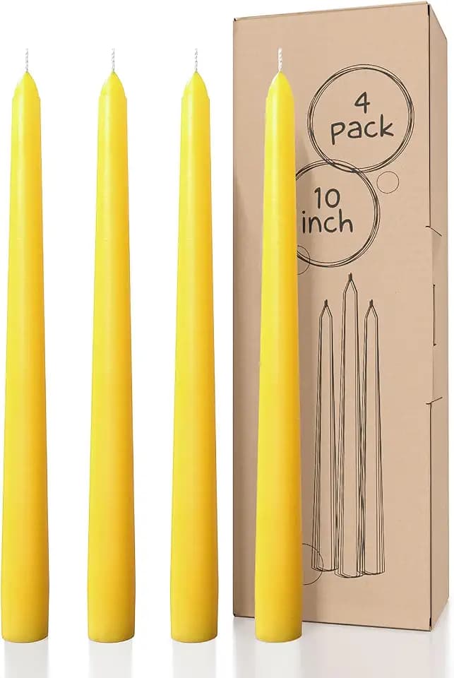 CANDWAX 10 inch Yellow Taper Candles Pack of 4 - Unscented Smokeless Dripless Yellow Candles - Perfect for Home Décor, Special Occasions and Ordinary Dinners - Easter Candlesticks