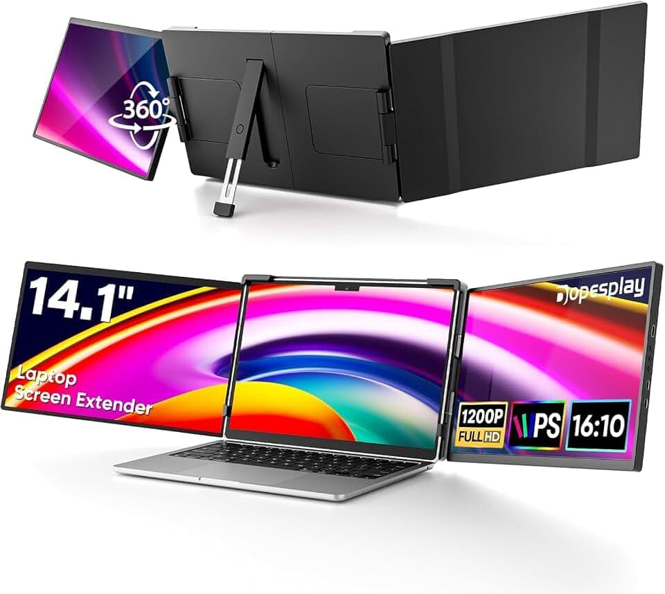 Dopesplay Laptop Bildschirm Erweiterung, 14.1" FHD 1200P IPS Laptop Screen Extender, Triple Tragbarer Monitor, Plug und Play Portable Monitor für Windows, Mac, Android, Chrome