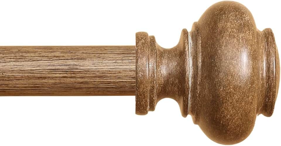 Wood Curtain Rods for Windows 66 to 120 Inch, 1 Inch Heavy Duty Curtain Rod with Imitation Wood Grain Finials, Boho Adjustable Drapery Rods for Farmhouse Rustic Living Room Bedroom
