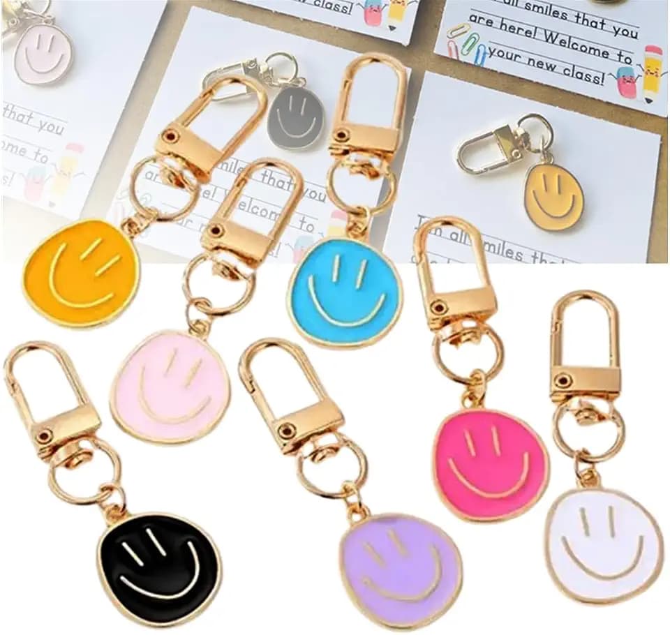25Pcs First Day of School Gifts for Students,Smile Keychains, 7 Colors