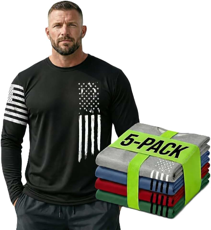 5 Pack Men's Long Sleeve T Shirts, American Flag Graphic Work Tees