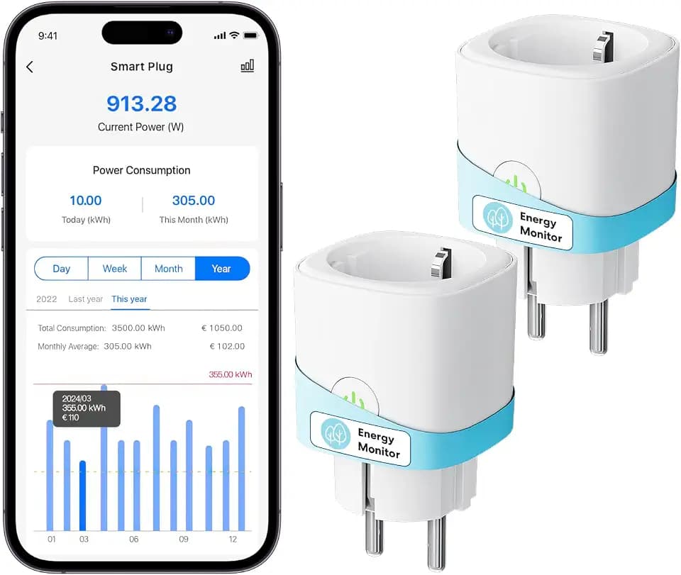 Meross Smart WLAN Steckdose mit Strommessung 16A, Zeitschaltuhr Steckdose mit Sprachsteuerung, Fernzugriff, Smart Home WiFi Steckdosen kompatibel mit Alexa, Google Home, SmartThings, 2er