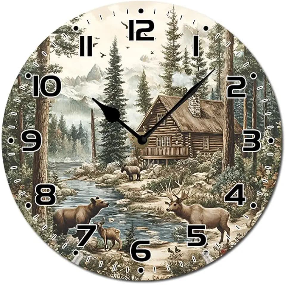 Bear Moose Deer Wall Clock Battery Operated Non Ticking Silent Analog Rustic Farmhouse Round Clock Wood Decor for Home Kitchen Living Room Bathroom