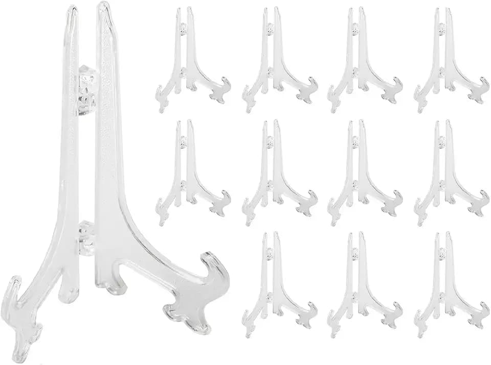Super Z Outlet Clear Plastic Easels or Stand/Plate Holders to Display Pictures, Placecards, or Other Items at Weddings, Home Decoration, Birthdays, Tables (12 Pack) (5 Inch)