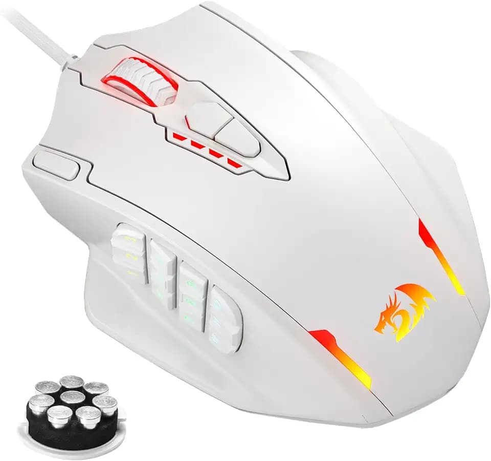 Redragon M908 Impact MMO Gaming Maus Kabelgebunden RGB 12400 DPI Weiß | Seitliche Tasten Optisch Hohe Präzision 20 Programmierbare Tasten Ergonomisch