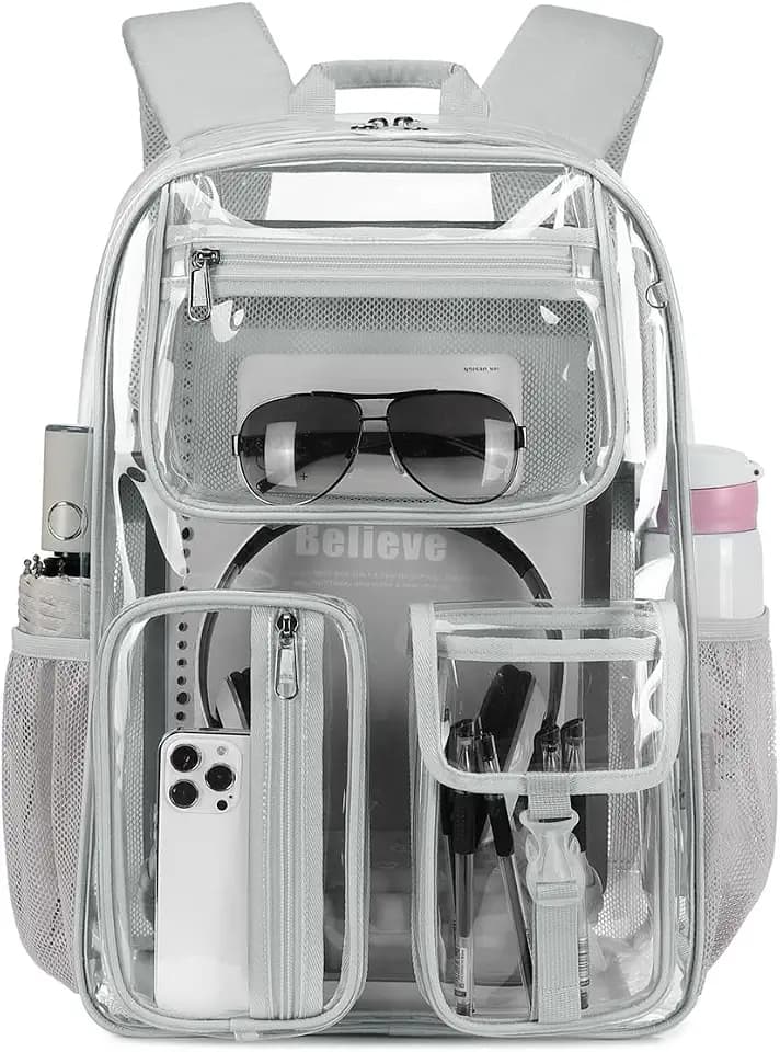 Cusangel Heavy Duty Clear Backpack Clear BookBag,Stadium backpack 16 x11 x5inch TPU Large Capacity See Through Backpack for Sport Events,Travel (Grey)