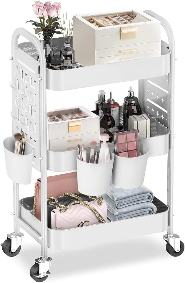 ALVOROG 3 Tier Metal Rolling Utility Cart with Pegboards,Baskets,Hook,White
