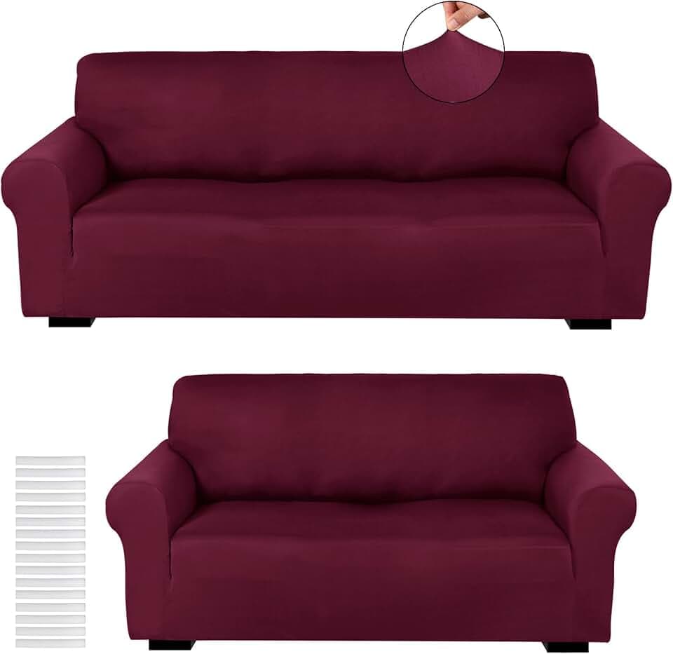 Peryiter 2 Pcs Couch and Loveseat Sofa Covers,Burgundy,Milk Silk
